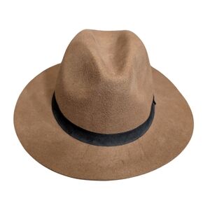MNG Women Tan Fedora Hat With Black Band One Size 100 % WOOL